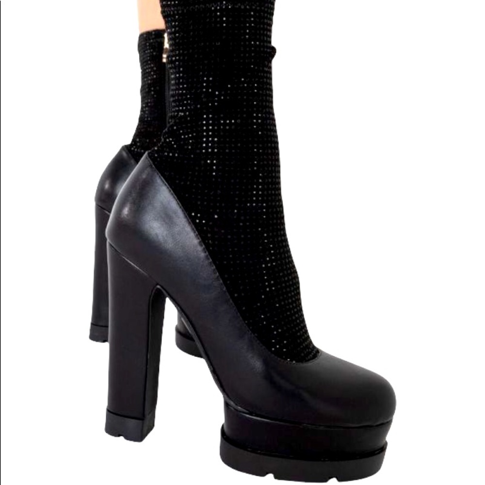 Black Vegan Leather Rhinestone Sock High Heel Ultra Chunky Platform Wedge Boots
